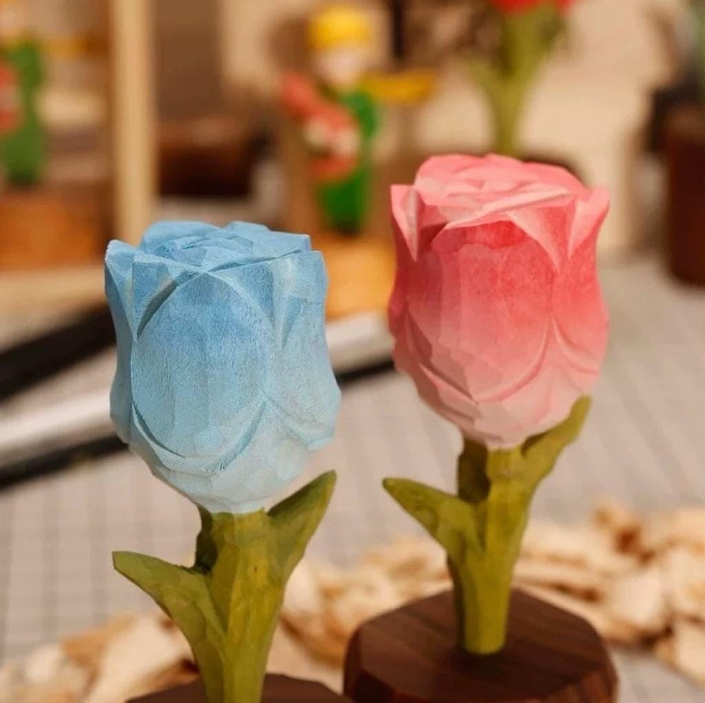 Japanese Style Wooden Rose Figurine, Hand Carved Rose Flower Ornament, Romantic Desk Decor, Cute Couple Gift, Handmade Wooden Sculpture