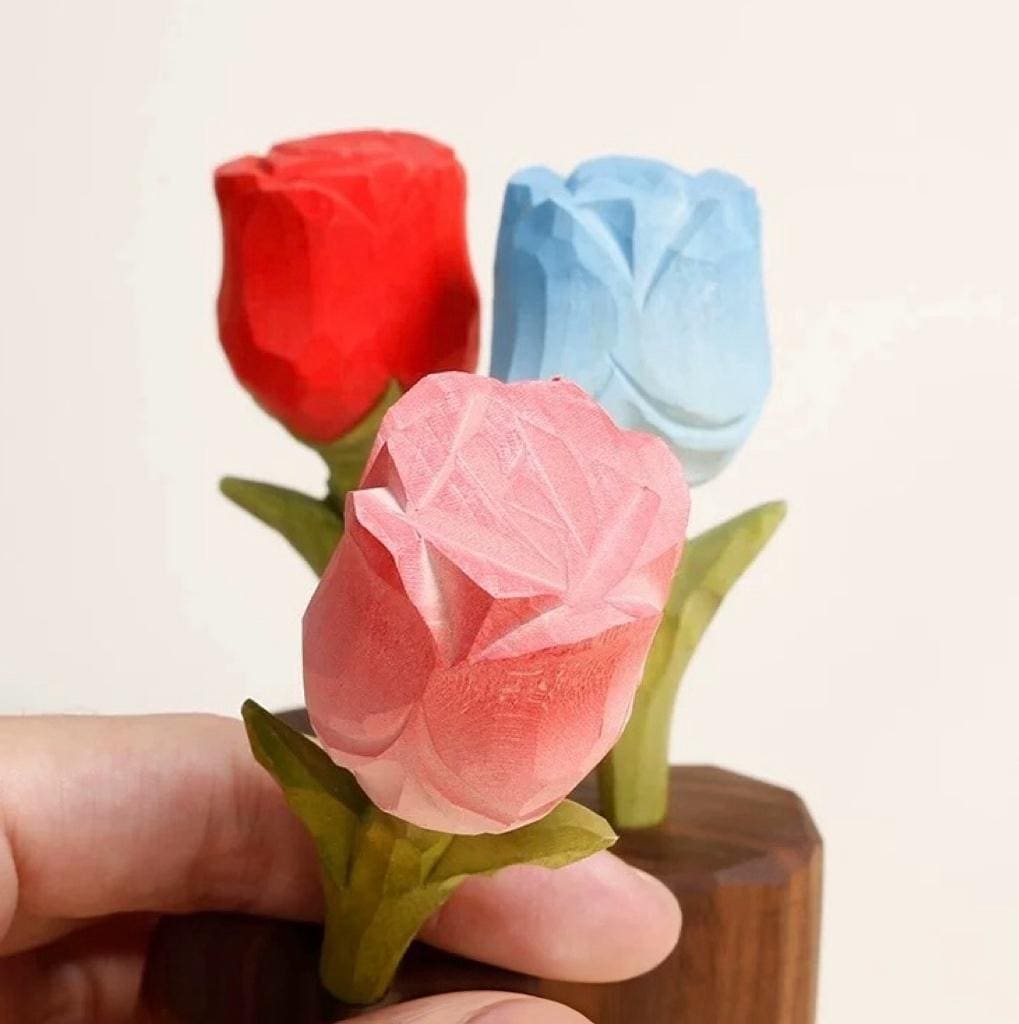 Japanese Style Wooden Rose Figurine, Hand Carved Rose Flower Ornament, Romantic Desk Decor, Cute Couple Gift, Handmade Wooden Sculpture