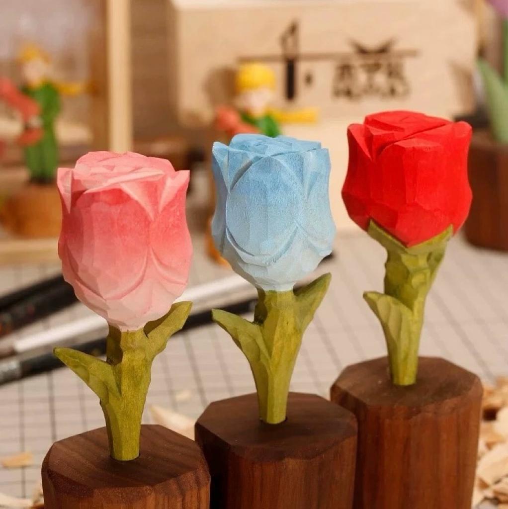 Japanese Style Wooden Rose Figurine, Hand Carved Rose Flower Ornament, Romantic Desk Decor, Cute Couple Gift, Handmade Wooden Sculpture
