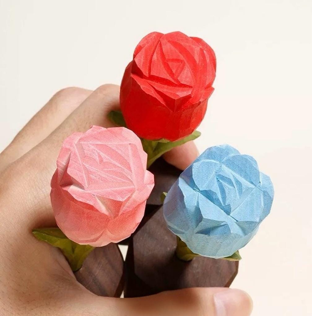 Japanese Style Wooden Rose Figurine, Hand Carved Rose Flower Ornament, Romantic Desk Decor, Cute Couple Gift, Handmade Wooden Sculpture