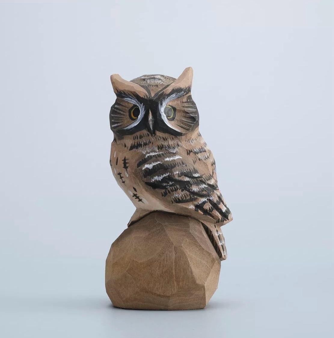 Hand Carved Wooden Owl Figurine, Hand Painted Owl Sculpture, Small Wood Animal Desk Decor, Rustic Woodland Ornament, Unique Handmade Gift