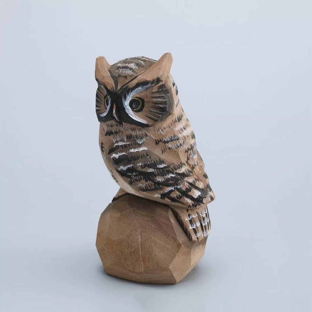 Hand Carved Wooden Owl Figurine, Hand Painted Owl Sculpture, Small Wood Animal Desk Decor, Rustic Woodland Ornament, Unique Handmade Gift