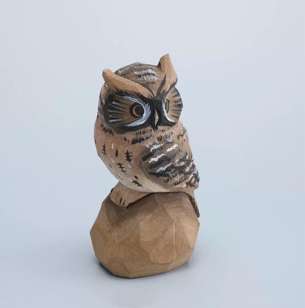 Hand Carved Wooden Owl Figurine, Hand Painted Owl Sculpture, Small Wood Animal Desk Decor, Rustic Woodland Ornament, Unique Handmade Gift