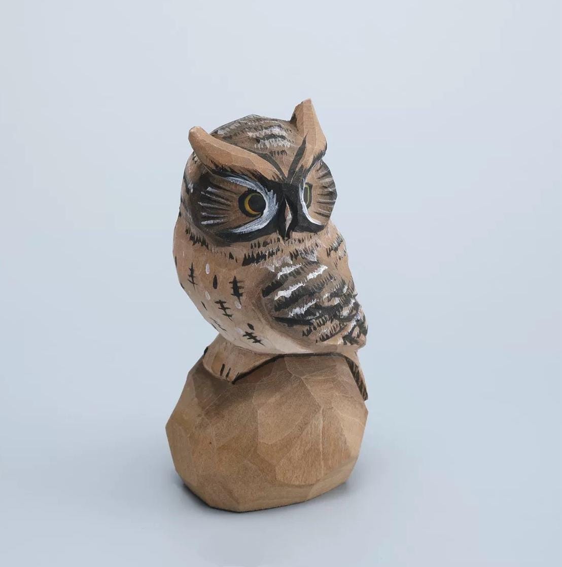 Hand Carved Wooden Owl Figurine, Hand Painted Owl Sculpture, Small Wood Animal Desk Decor, Rustic Woodland Ornament, Unique Handmade Gift