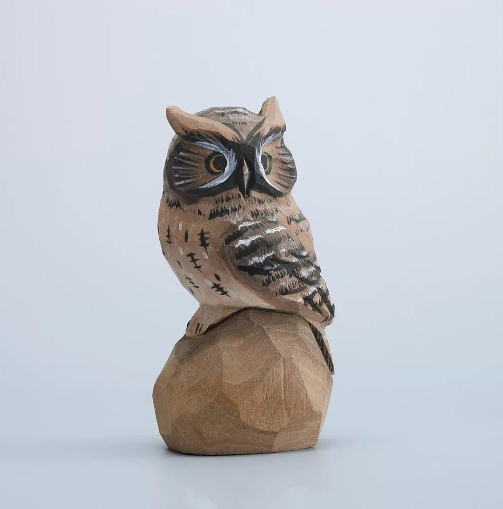 Hand Carved Wooden Owl Figurine, Hand Painted Owl Sculpture, Small Wood Animal Desk Decor, Rustic Woodland Ornament, Unique Handmade Gift