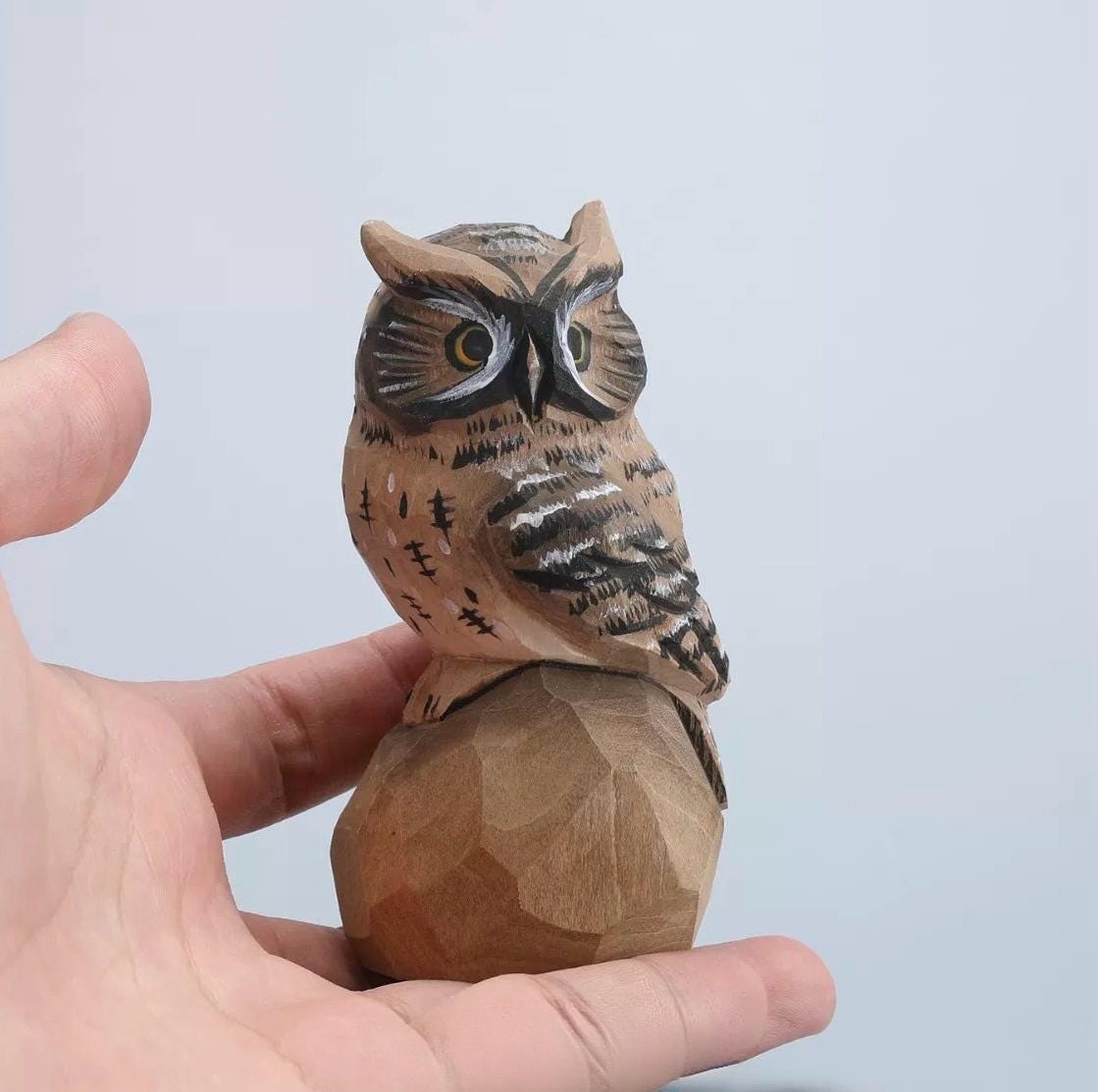Hand Carved Wooden Owl Figurine, Hand Painted Owl Sculpture, Small Wood Animal Desk Decor, Rustic Woodland Ornament, Unique Handmade Gift