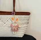 Cute Wool Felt Bunny Keychain, Handmade Rabbit Bag Charm, Floral Dress Bunny Hanging Ornament, Kawaii Animal Pendant Gift, Lucky Bunny Charm
