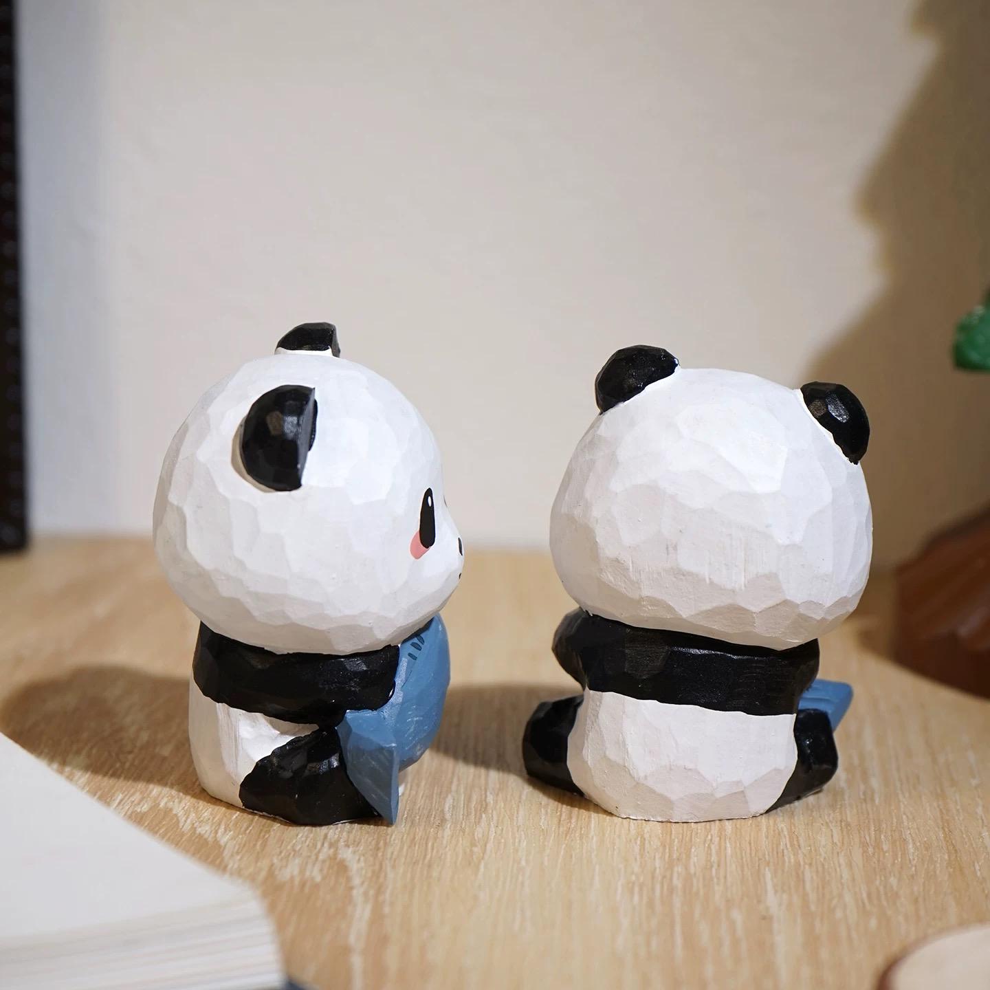 Japanese Style Wooden Panda Figurine, Hand Carved Panda with Fish Ornament, Cute Desk Decor, Linden Wood Animal Sculpture, Lucky Panda Gift