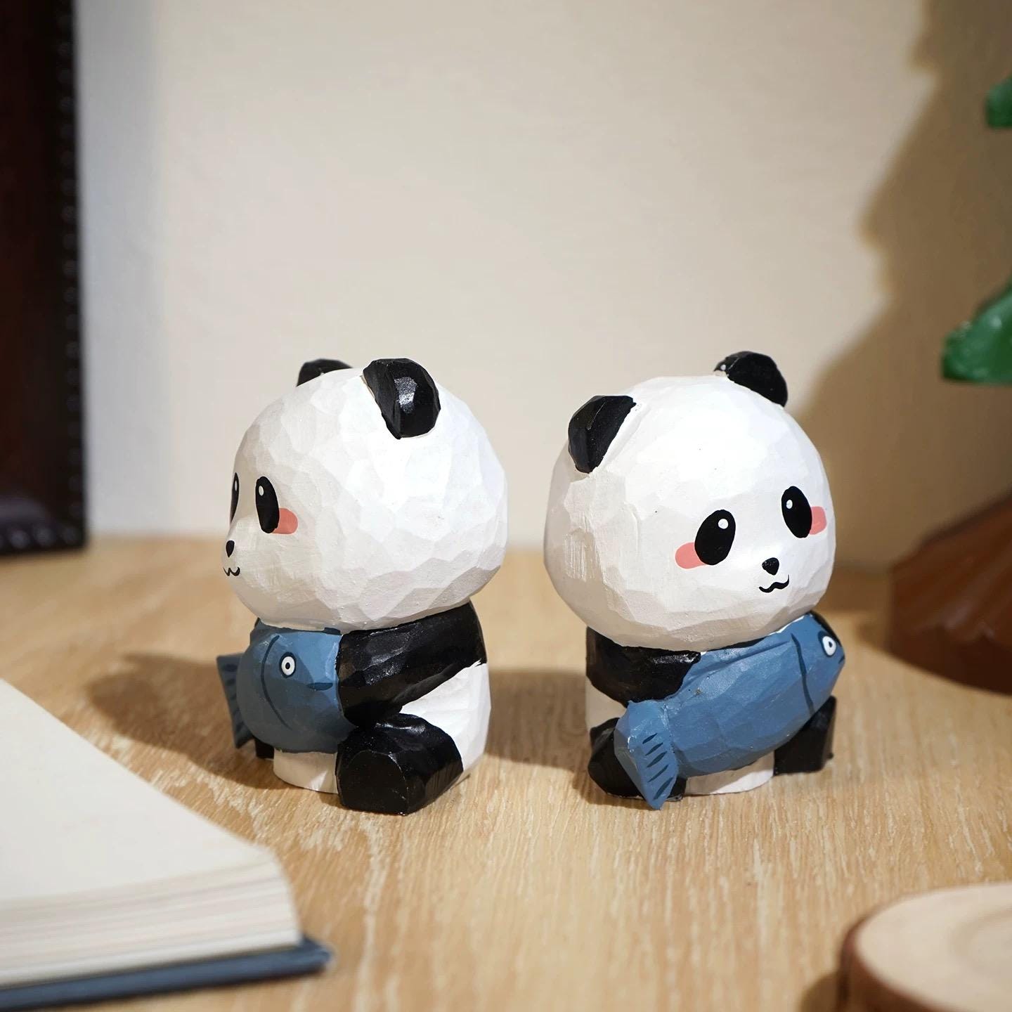 Japanese Style Wooden Panda Figurine, Hand Carved Panda with Fish Ornament, Cute Desk Decor, Linden Wood Animal Sculpture, Lucky Panda Gift