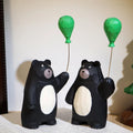 Japanese Style Wooden Black Bear Figurine, Hand Carved Bear with Green Balloon Ornament, Cute Desk Decor, Wood Animal Sculpture, Lucky Gift