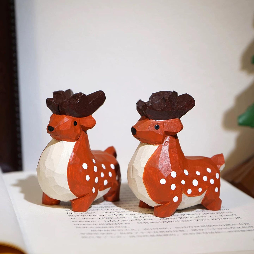 Japanese Style Wooden Fawn Figurine, Hand Carved Deer Ornament, Cute Animal Desk Decor, Linden Wood Sculpture, Lucky Woodland Gift