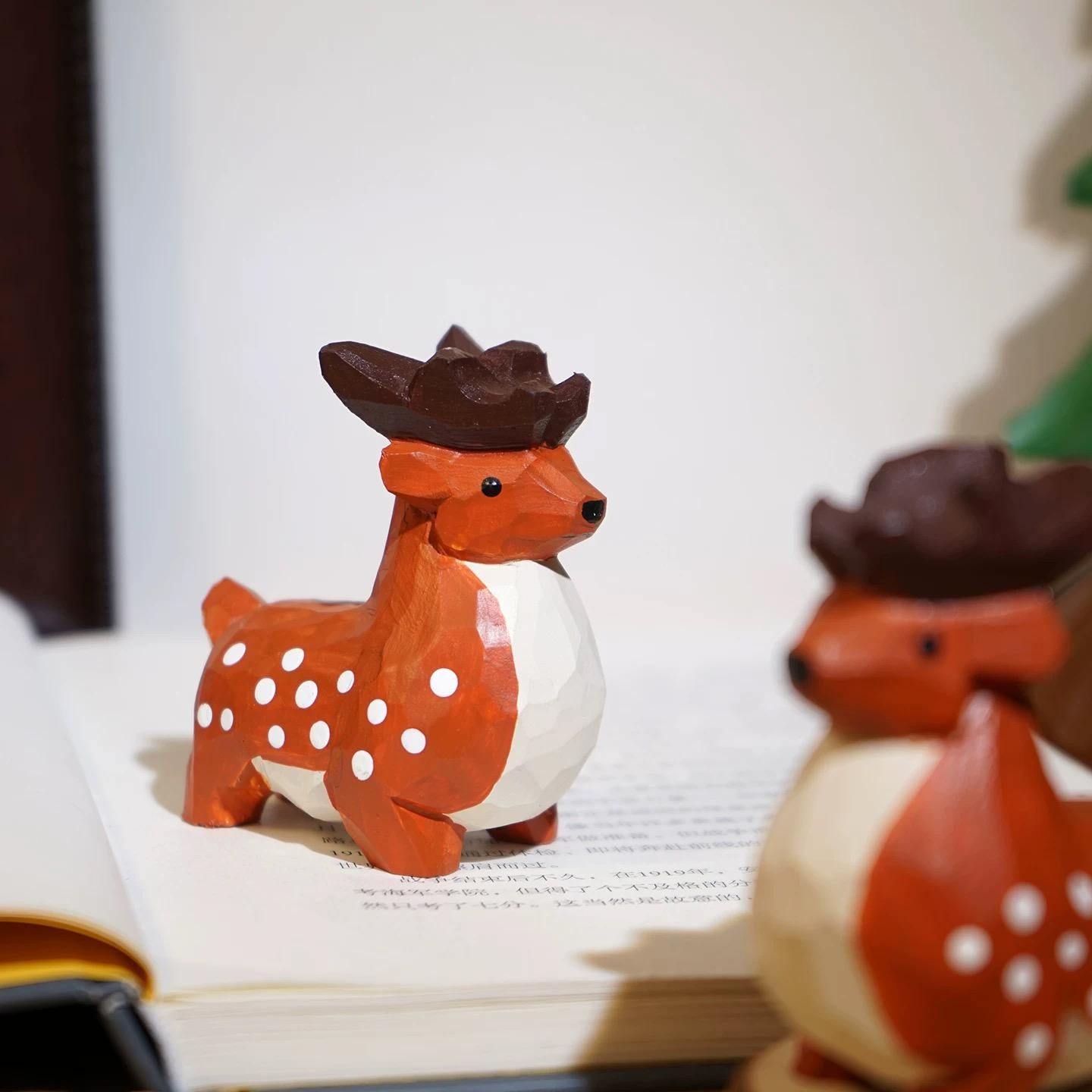 Japanese Style Wooden Fawn Figurine, Hand Carved Deer Ornament, Cute Animal Desk Decor, Linden Wood Sculpture, Lucky Woodland Gift