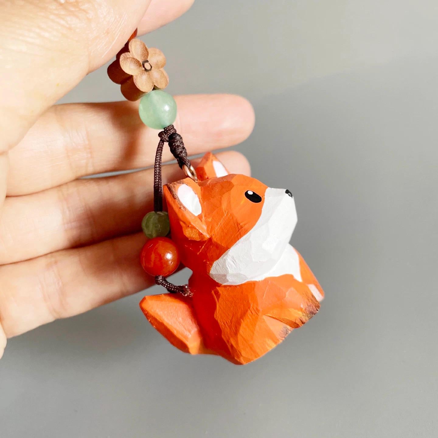Japanese Style Wooden Little Prince Fox Pendant, Hand Carved Fox Keychain, Cute Fox Bag Charm, Lucky Hanging Ornament, Handmade Gift
