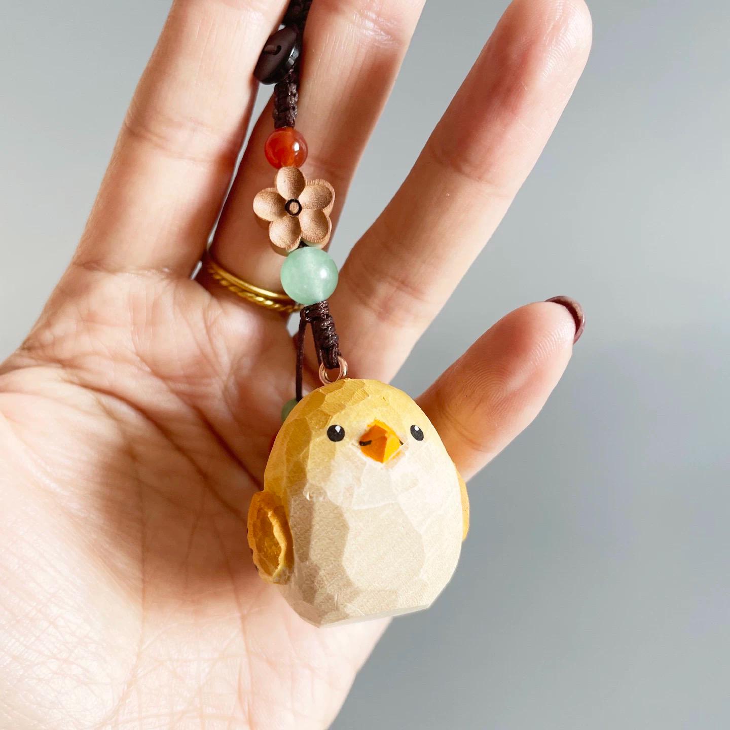 Japanese Style Wooden Yellow Sparrow Pendant, Hand Carved Bird Hanging Ornament, Lucky Bird Keychain, Bag Charm, Handmade Woodland Gift