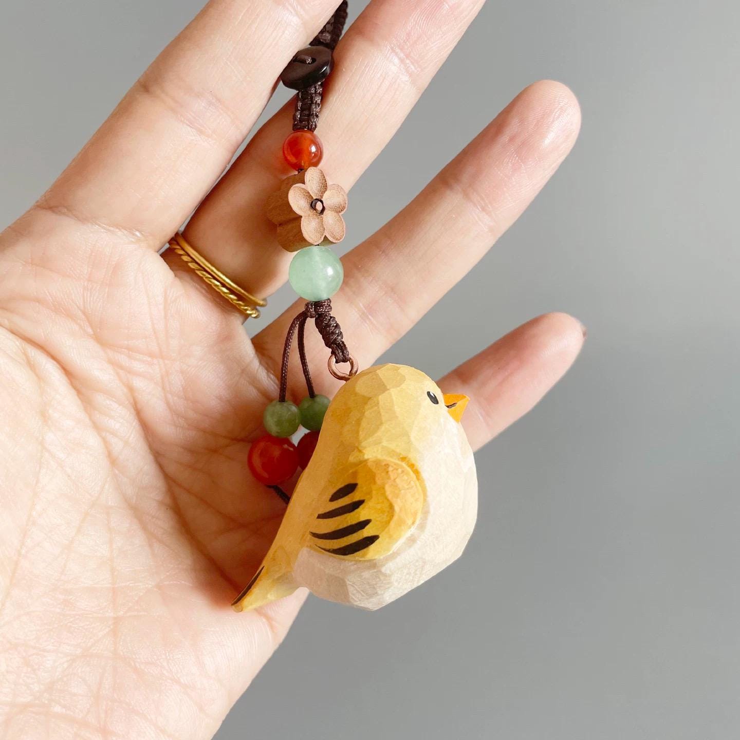 Japanese Style Wooden Yellow Sparrow Pendant, Hand Carved Bird Hanging Ornament, Lucky Bird Keychain, Bag Charm, Handmade Woodland Gift