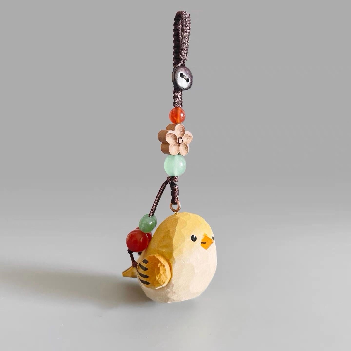 Japanese Style Wooden Yellow Sparrow Pendant, Hand Carved Bird Hanging Ornament, Lucky Bird Keychain, Bag Charm, Handmade Woodland Gift