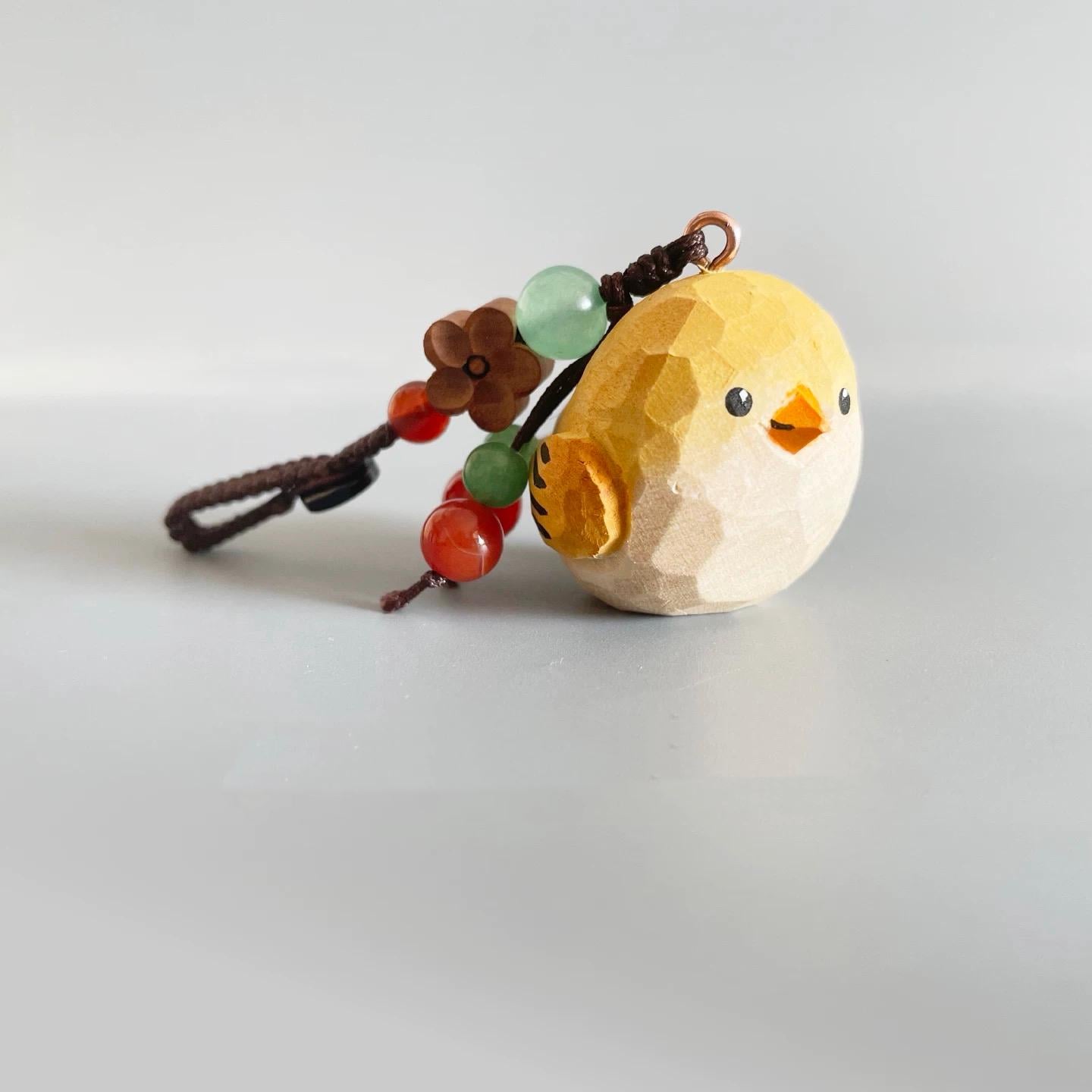 Japanese Style Wooden Yellow Sparrow Pendant, Hand Carved Bird Hanging Ornament, Lucky Bird Keychain, Bag Charm, Handmade Woodland Gift