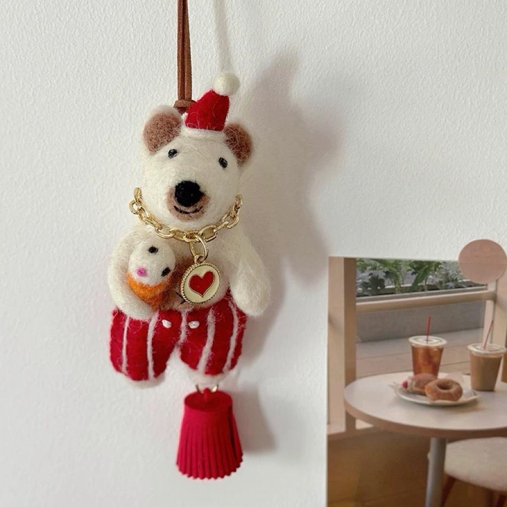 Japanese Style Wool Felt Bear Keychain, Handmade Vintage Bear Bag Charm, Cute Animal Hanging Ornament, Lucky Bear Pendant, Gift for Her