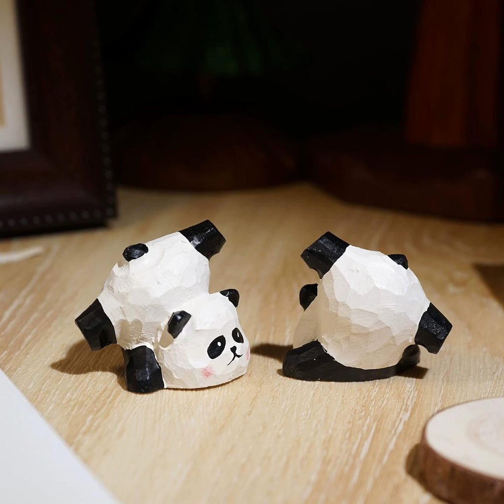 Japanese Style Wooden Upside-Down Panda Figurine, Hand Carved Panda Desk Decor, Cute Animal Sculpture, Linden Wood Ornament, Lucky Gift
