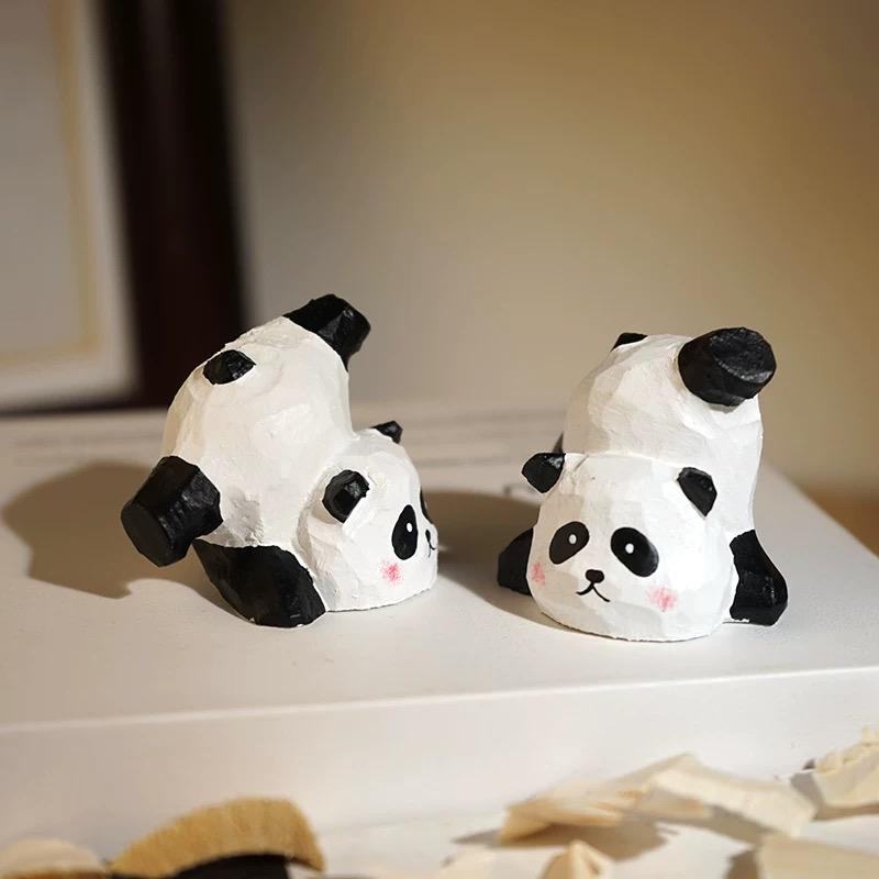 Japanese Style Wooden Upside-Down Panda Figurine, Hand Carved Panda Desk Decor, Cute Animal Sculpture, Linden Wood Ornament, Lucky Gift