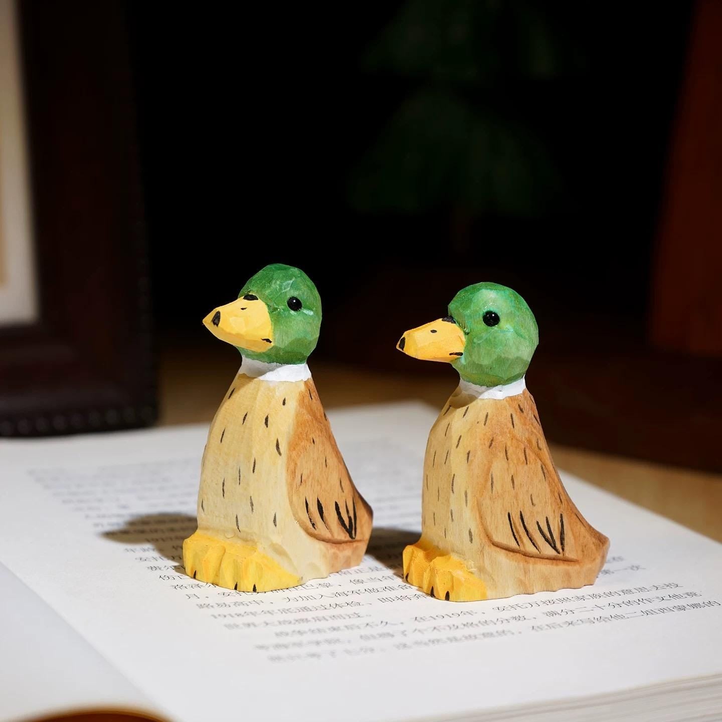 Japanese Style Wooden Duck Figurine, Hand Carved Green Head Duck Ornament, Linden Wood Bird Sculpture, Cute Desk Decor, Lucky Animal Gift