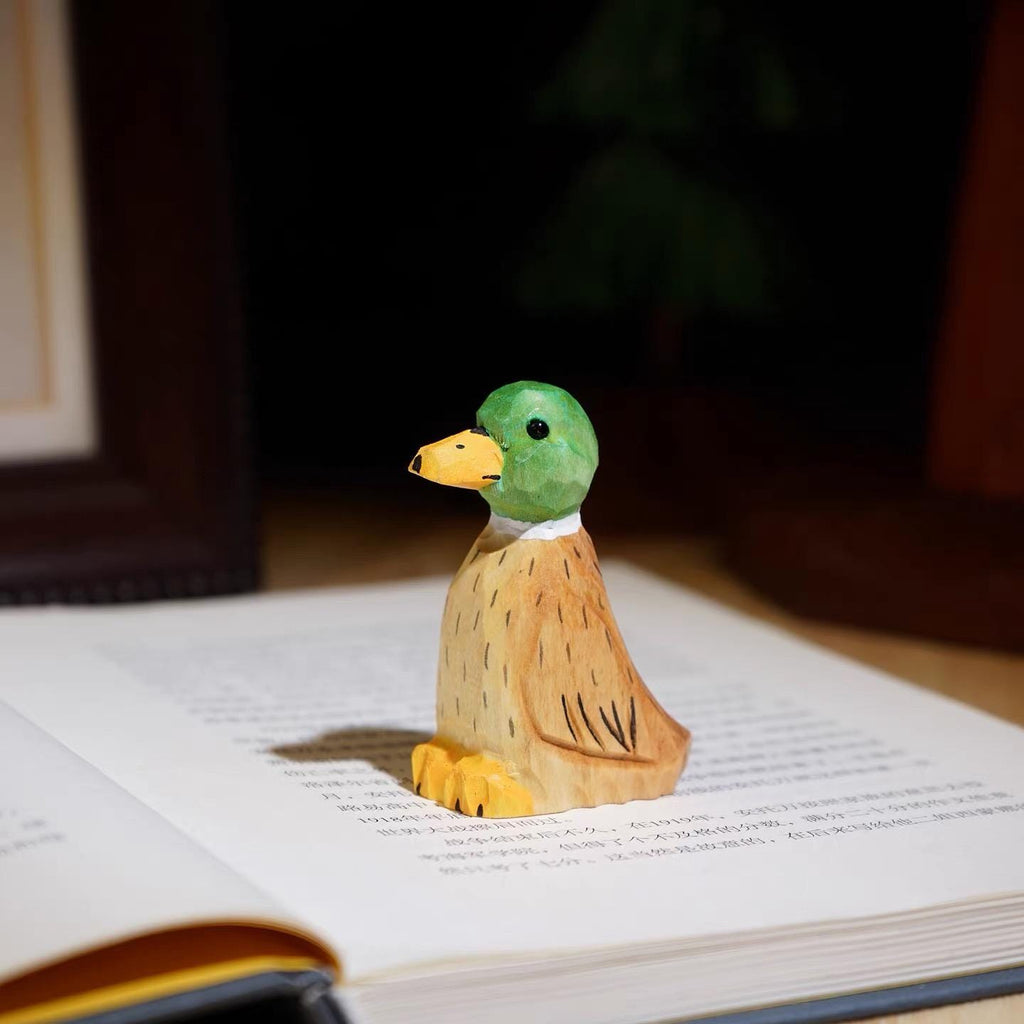 Japanese Style Wooden Duck Figurine, Hand Carved Green Head Duck Ornament, Linden Wood Bird Sculpture, Cute Desk Decor, Lucky Animal Gift