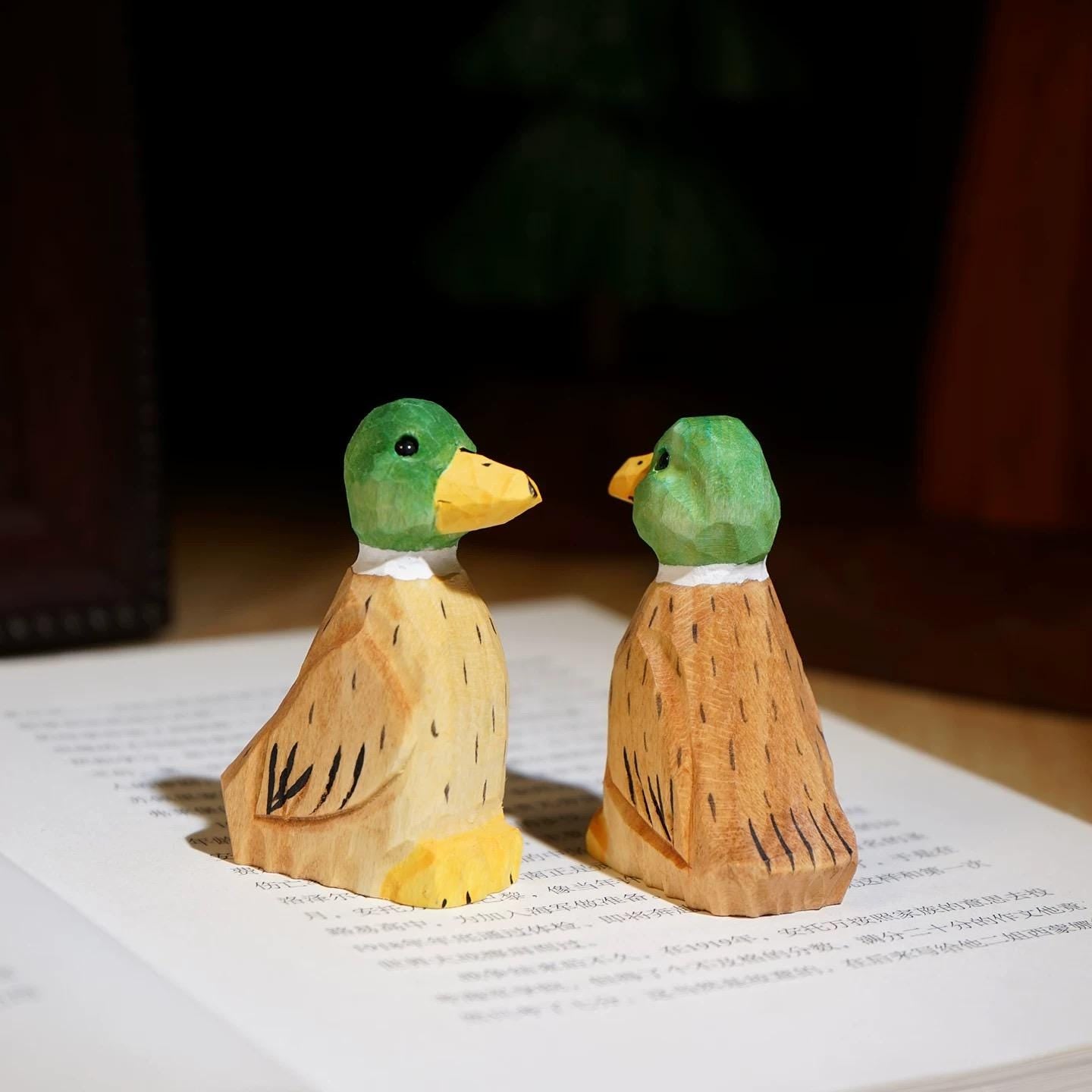 Japanese Style Wooden Duck Figurine, Hand Carved Green Head Duck Ornament, Linden Wood Bird Sculpture, Cute Desk Decor, Lucky Animal Gift