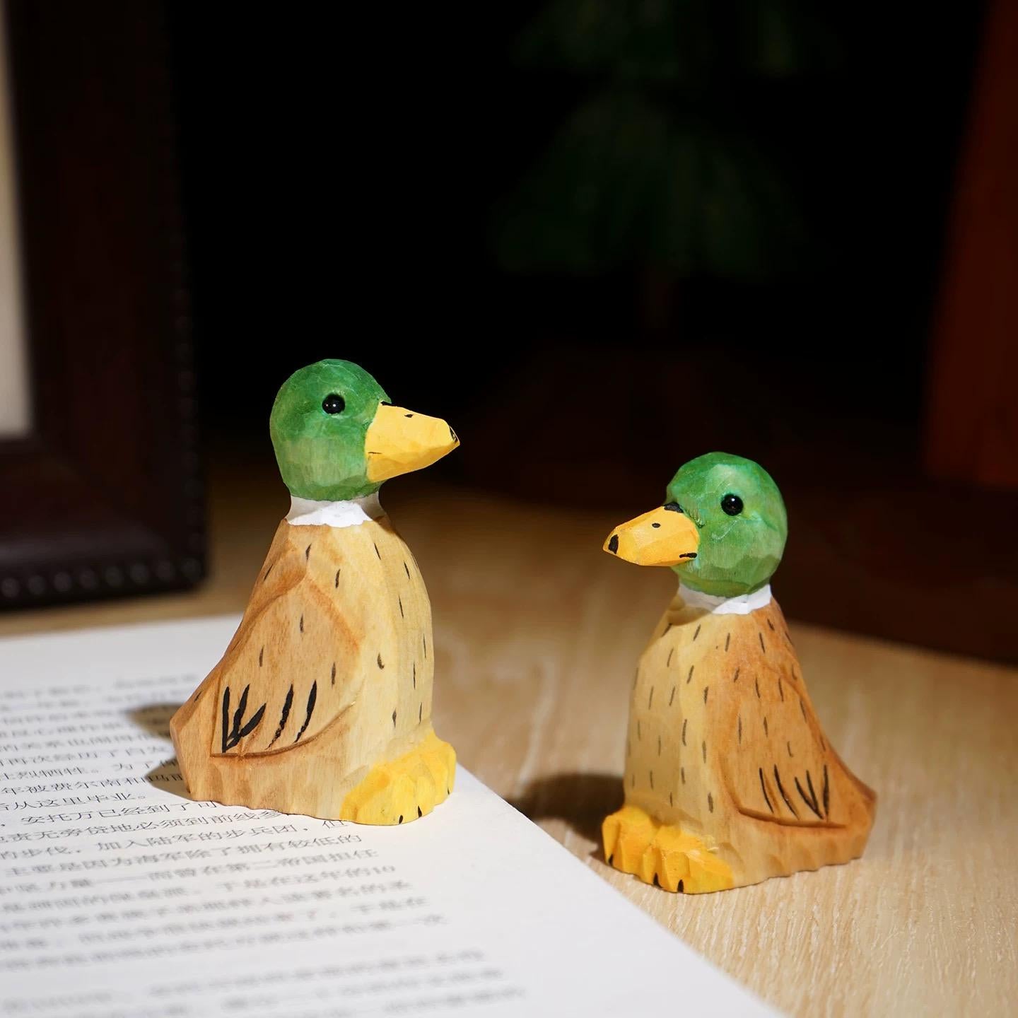 Japanese Style Wooden Duck Figurine, Hand Carved Green Head Duck Ornament, Linden Wood Bird Sculpture, Cute Desk Decor, Lucky Animal Gift