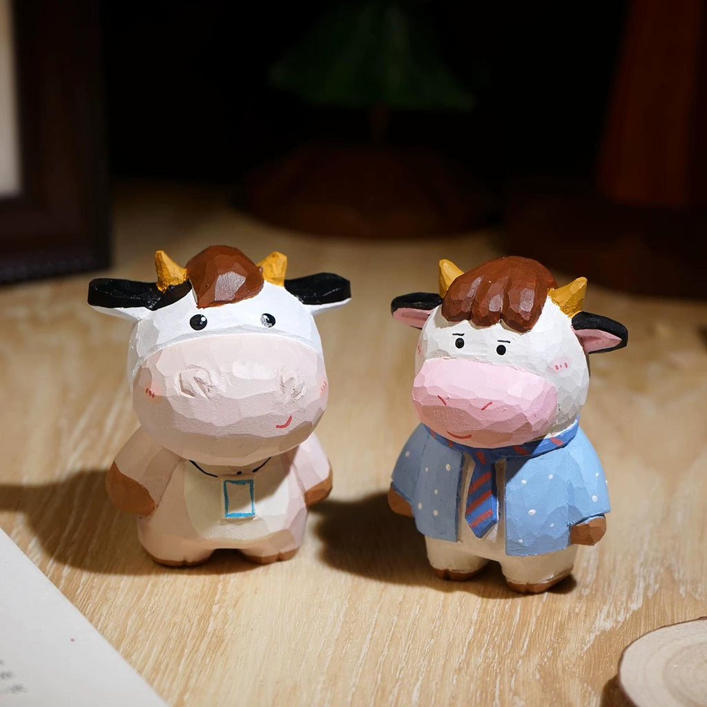 Japanese Style Wooden Cow Figurine, Hand Carved Office Cow Desk Decor, Cute Cow Ornament, Linden Wood Animal Sculpture, Funny Cow Gift