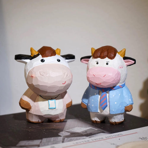 Japanese Style Wooden Cow Figurine, Hand Carved Office Cow Desk Decor, Cute Cow Ornament, Linden Wood Animal Sculpture, Funny Cow Gift