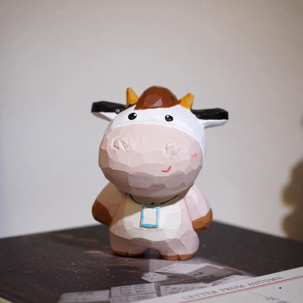 Japanese Style Wooden Cow Figurine, Hand Carved Office Cow Desk Decor, Cute Cow Ornament, Linden Wood Animal Sculpture, Funny Cow Gift