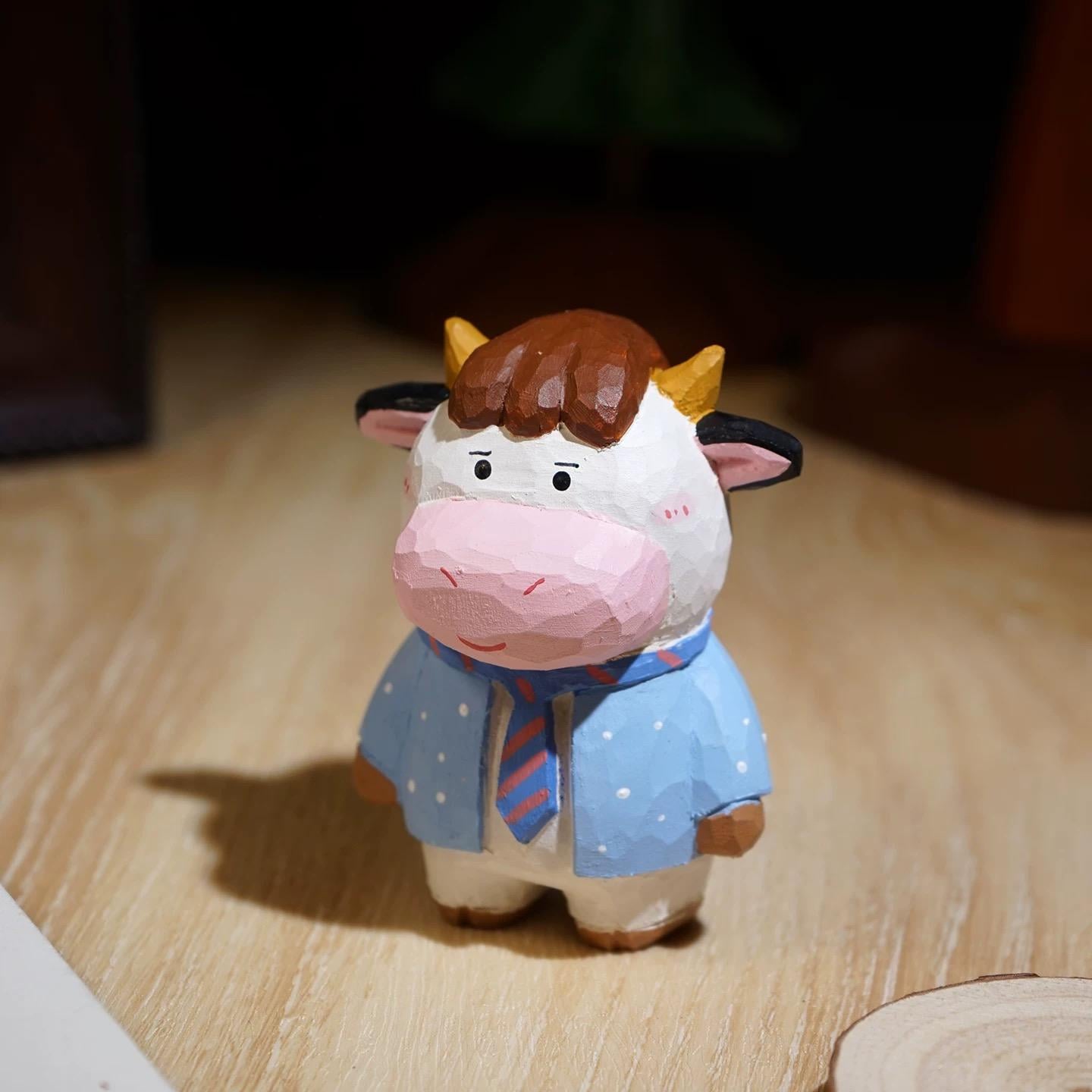 Japanese Style Wooden Cow Figurine, Hand Carved Office Cow Desk Decor, Cute Cow Ornament, Linden Wood Animal Sculpture, Funny Cow Gift