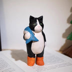 Japanese Style Wooden Fisher Cat Figurine, Hand Carved Cat with Fish Desk Decor, Linden Wood Animal Sculpture, Cute Lucky Gift