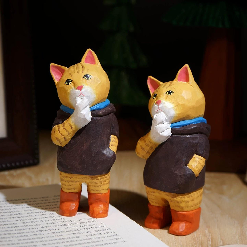 Japanese Style Wooden Cat Figurine, Hand Carved Vintage Cat Desk Decor, Wood Animal Sculpture, Cute Handmade Office Ornament, Lucky Gift