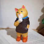 Japanese Style Wooden Cat Figurine, Hand Carved Vintage Cat Desk Decor, Wood Animal Sculpture, Cute Handmade Office Ornament, Lucky Gift