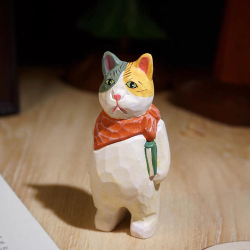Japanese Style Wooden Book-Holding Cat Figurine, Hand Carved Vintage Cat Desk Decor, Wood Animal Sculpture, Cute Shelf Ornament, Lucky Gift
