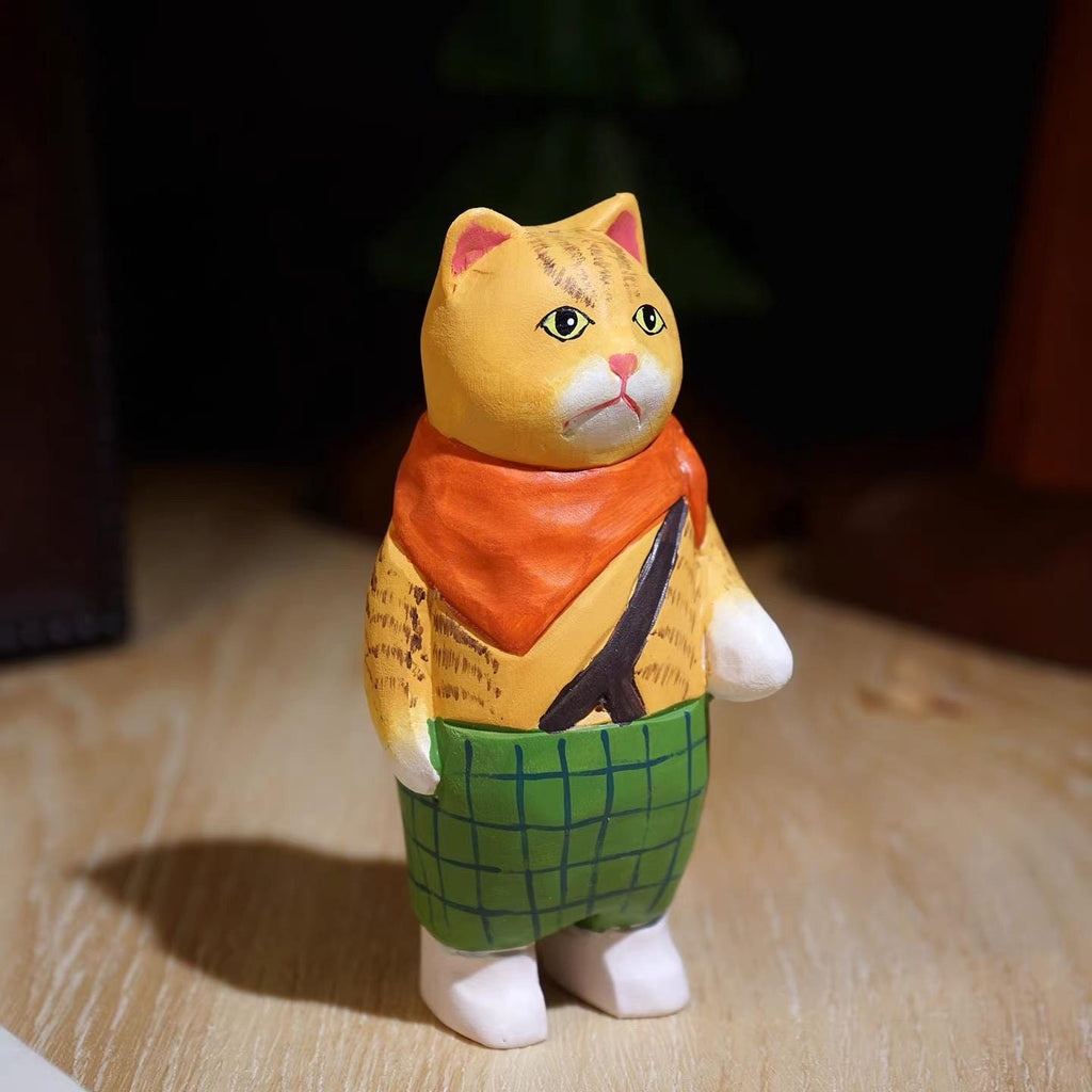 Japanese Style Wooden Ginger Cat Figurine, Hand Carved Vintage Cat Desk Decor, Linden Wood Animal Sculpture, Cute Shelf Ornament, Lucky Gift