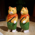Japanese Style Wooden Ginger Cat Figurine, Hand Carved Vintage Cat Desk Decor, Linden Wood Animal Sculpture, Cute Shelf Ornament, Lucky Gift