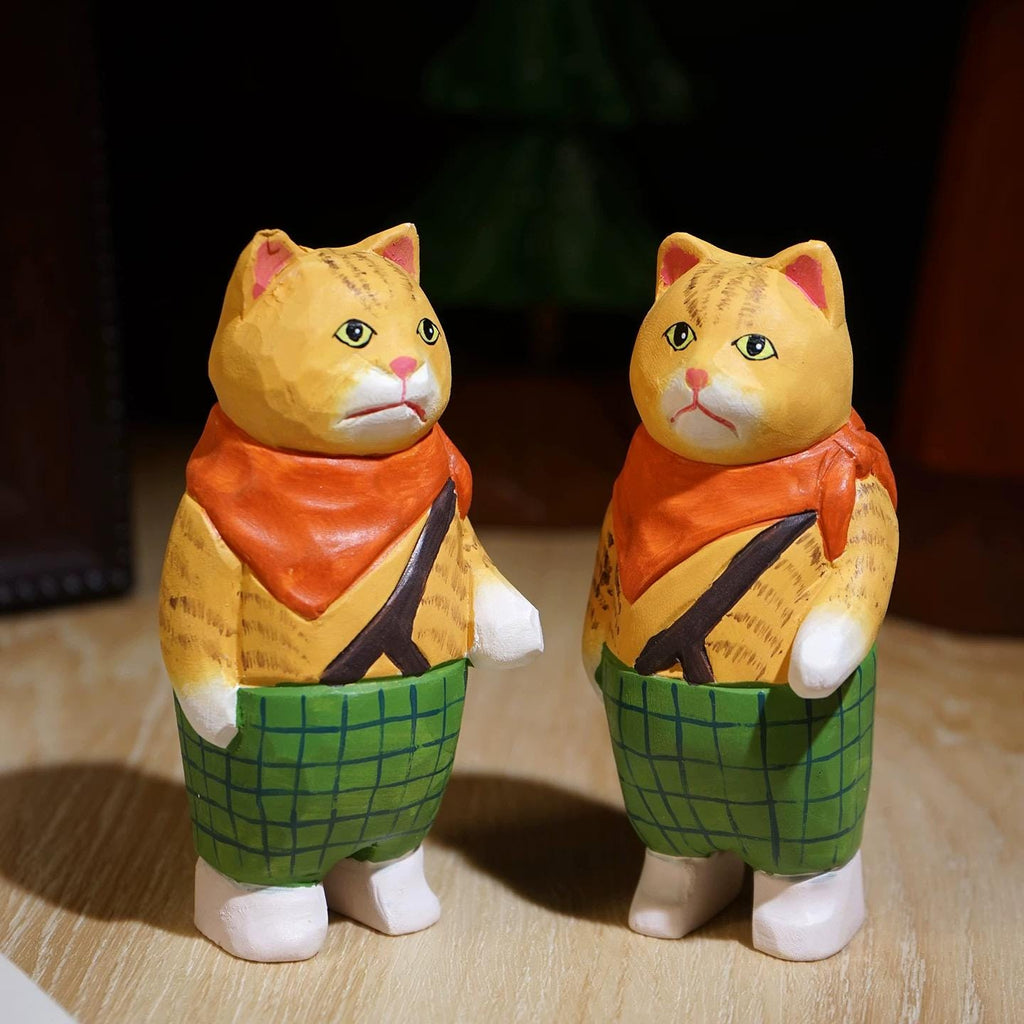 Japanese Style Wooden Ginger Cat Figurine, Hand Carved Vintage Cat Desk Decor, Linden Wood Animal Sculpture, Cute Shelf Ornament, Lucky Gift