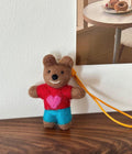 Handmade Wool Felt Bear Bag Charm, Mocha Bow Tie Teddy Keychain, Cute Animal Hanging Ornament, Red Cord Backpack Pendant, Lucky Gift