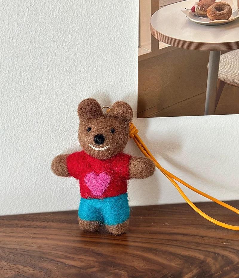 Handmade Wool Felt Bear Bag Charm, Mocha Bow Tie Teddy Keychain, Cute Animal Hanging Ornament, Red Cord Backpack Pendant, Lucky Gift