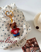 Handmade Wool Felt Bear Bag Charm, Mocha Bow Tie Teddy Keychain, Cute Animal Hanging Ornament, Red Cord Backpack Pendant, Lucky Gift