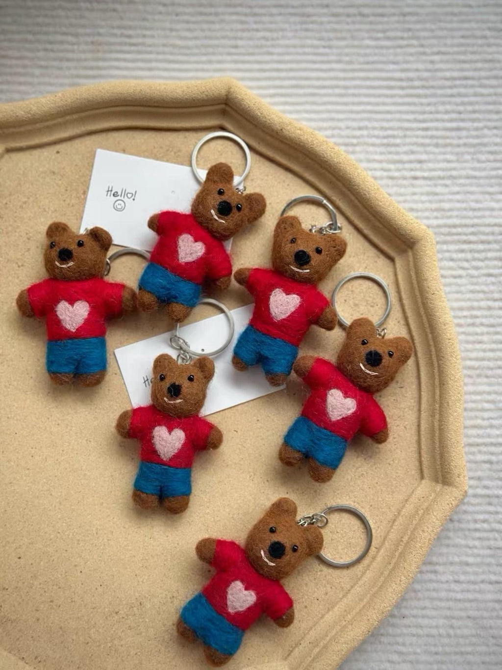 Handmade Wool Felt Bear Bag Charm, Mocha Bow Tie Teddy Keychain, Cute Animal Hanging Ornament, Red Cord Backpack Pendant, Lucky Gift