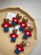 Handmade Wool Felt Bear Bag Charm, Mocha Bow Tie Teddy Keychain, Cute Animal Hanging Ornament, Red Cord Backpack Pendant, Lucky Gift