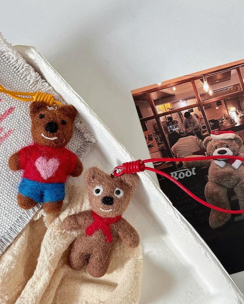 Handmade Wool Felt Bear Bag Charm, Mocha Bow Tie Teddy Keychain, Cute Animal Hanging Ornament, Red Cord Backpack Pendant, Lucky Gift