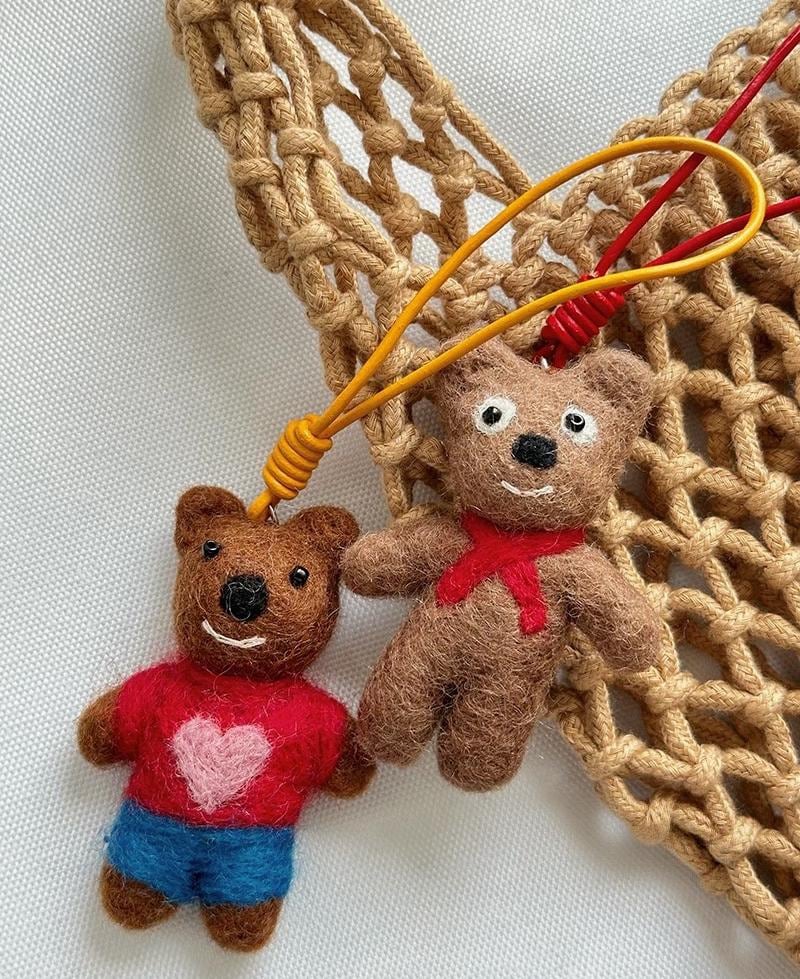 Handmade Wool Felt Bear Bag Charm, Mocha Bow Tie Teddy Keychain, Cute Animal Hanging Ornament, Red Cord Backpack Pendant, Lucky Gift