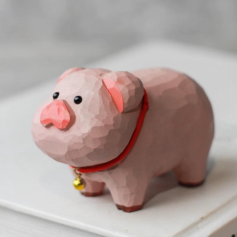 Japanese Style Lucky Pig Wood Figurine, Hand Carved Linden Wood Pig Decor, Cute Animal Desk Ornament, Handmade Shelf Gift, Good Luck Pig