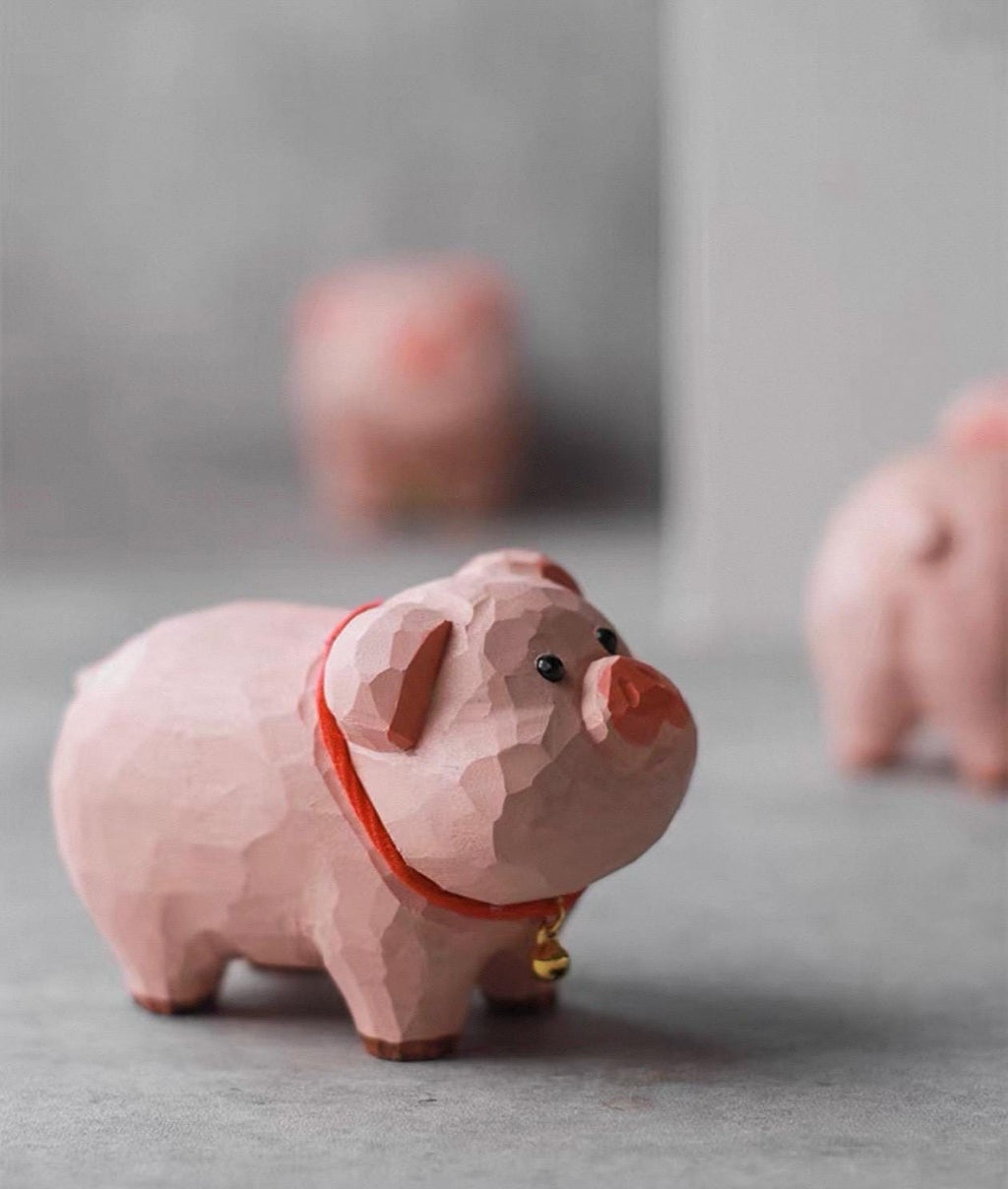 Japanese Style Lucky Pig Wood Figurine, Hand Carved Linden Wood Pig Decor, Cute Animal Desk Ornament, Handmade Shelf Gift, Good Luck Pig