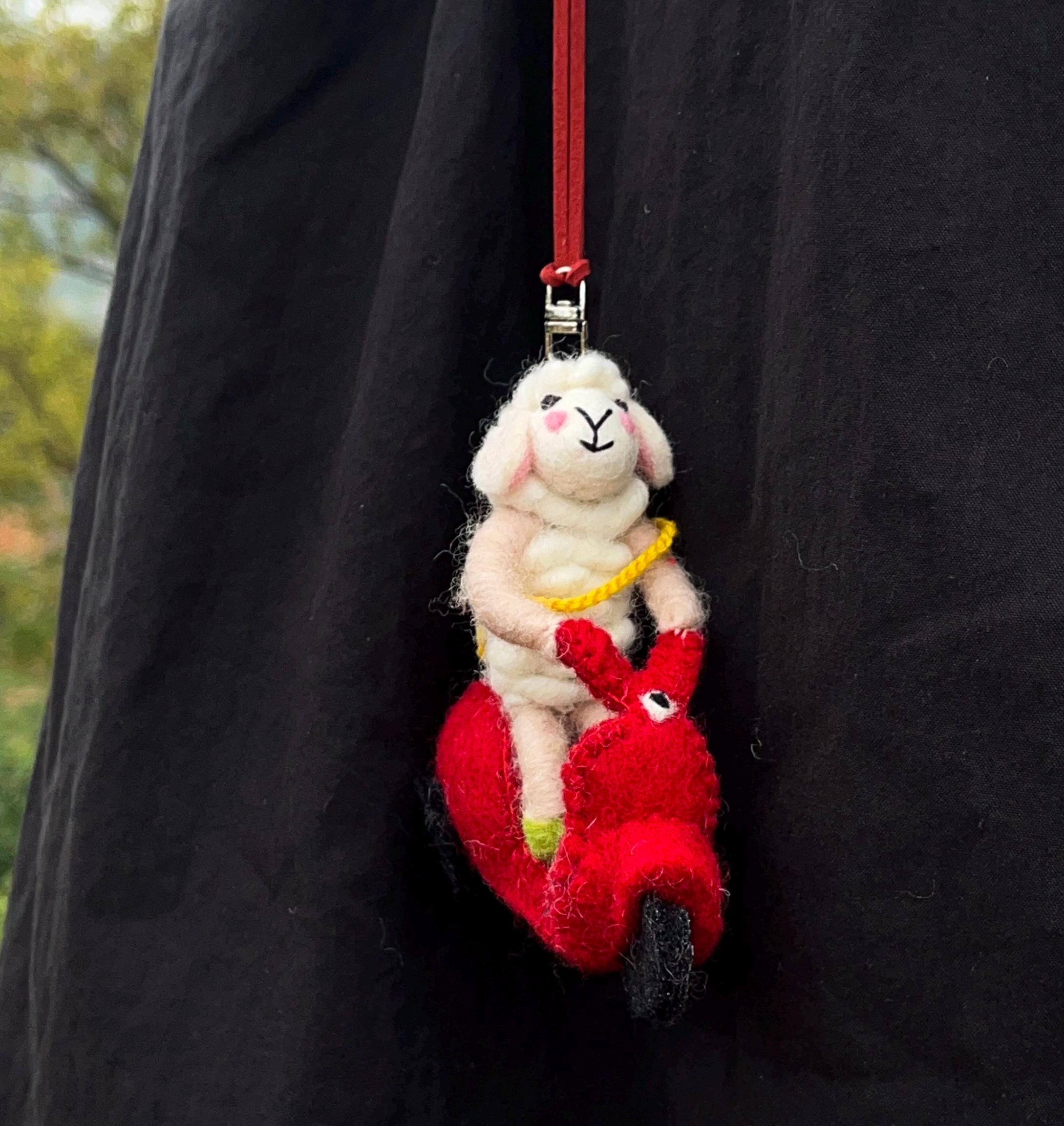 Handmade Wool Felt Lamb on Scooter Pendant, Cute Sheep Bag Charm, Animal Keychain, Hanging Ornament, Backpack Charm, Whimsical Gift