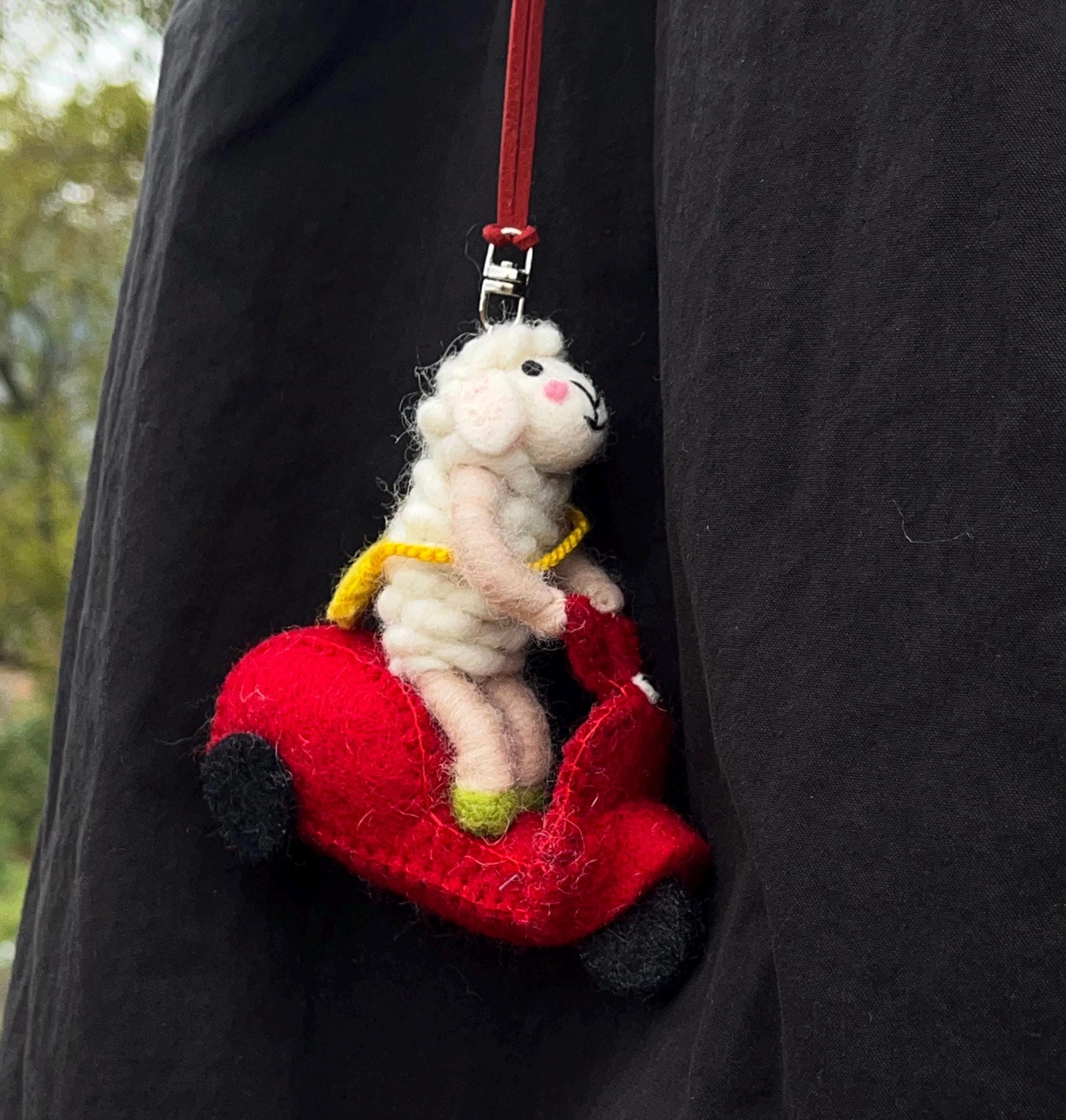 Handmade Wool Felt Lamb on Scooter Pendant, Cute Sheep Bag Charm, Animal Keychain, Hanging Ornament, Backpack Charm, Whimsical Gift